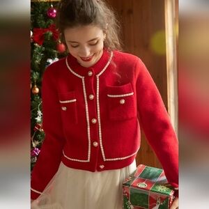 KNIT MIX Pearl Glam Button-Front Cardigan Sweater. Red/White – Size S